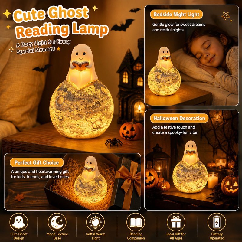 Halloween Ghost Moon Night Light - 3D Resin Table Desk Lamp for Home & Party Decor