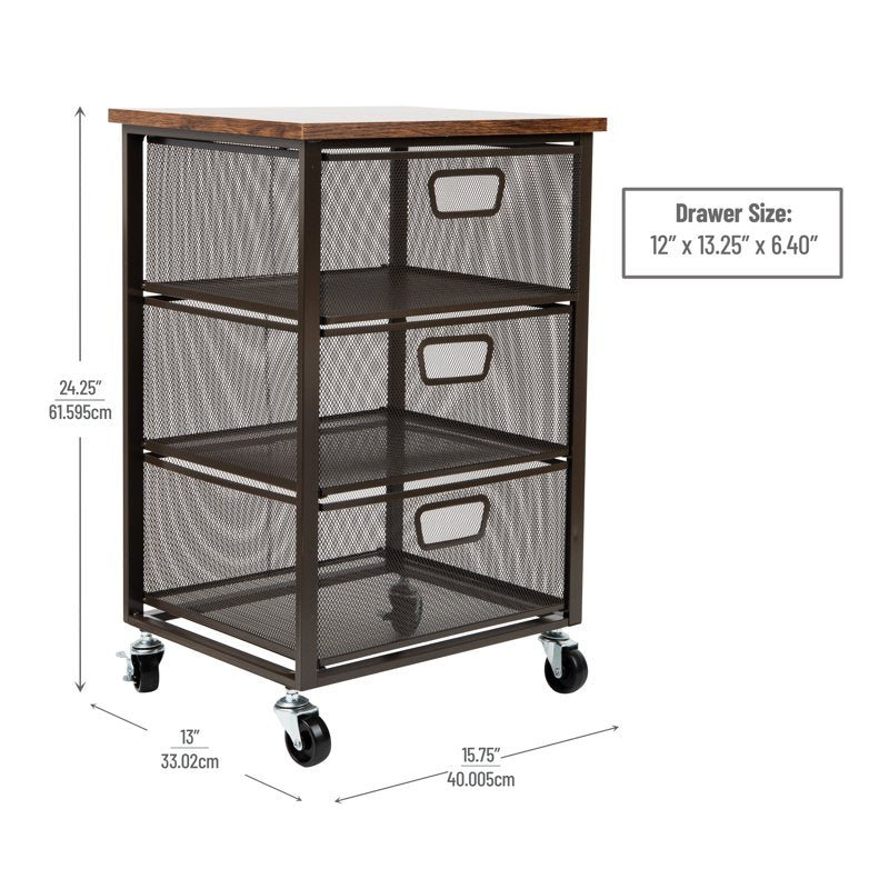 3-Drawer Metal Rolling Storage Cart with Wood Top - Office Organizer, Mobile Cabinet