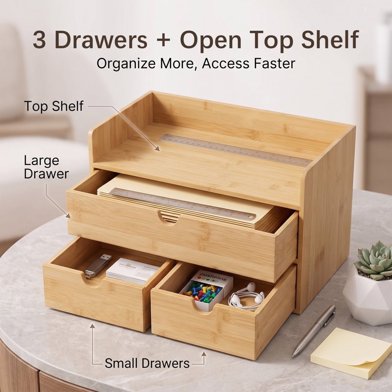 Bamboo Desk Organizer with 3 or 2 Drawers for Office Supplies & Makeup Accessories