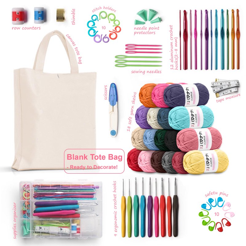 Crochet Kit for Beginners Adults - 76 Pcs Yarn Hooks Accessories Tote