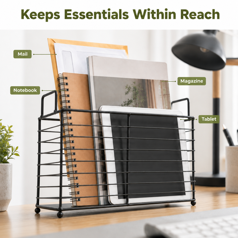 Black Iron Wire Magazine Rack with Handles - Home Office & Living Room Storage Basket