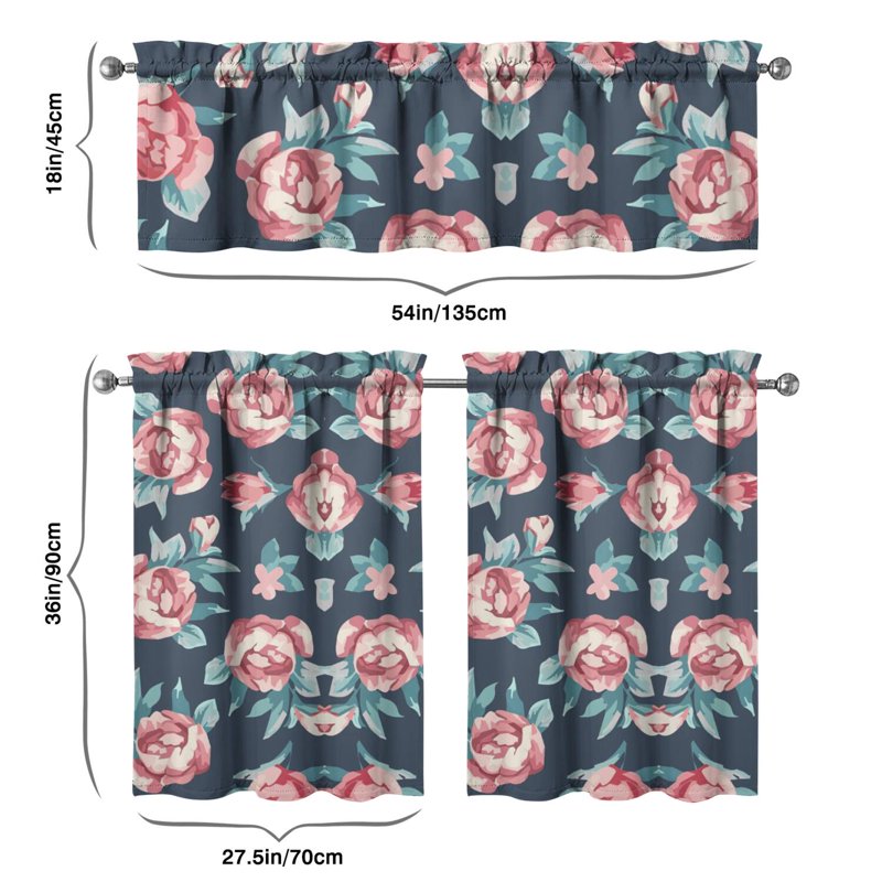 Kitchen Curtains and Valance Set 3 Pieces Vintage Rose Window Treatment
