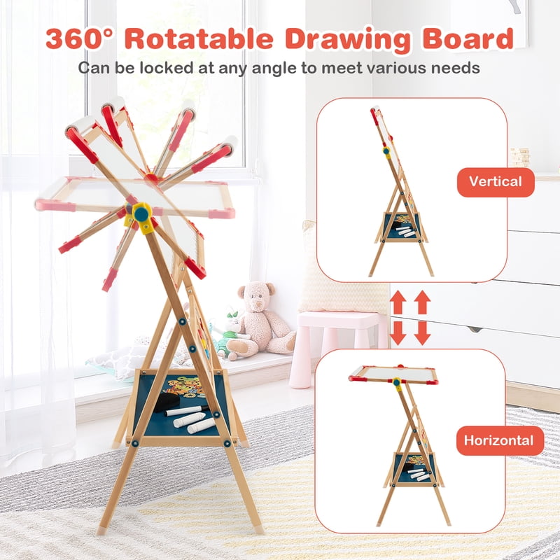 Kids Wooden Art Easel with Double Sided Chalkboard & Whiteboard, Paper Roll & Storage Tray