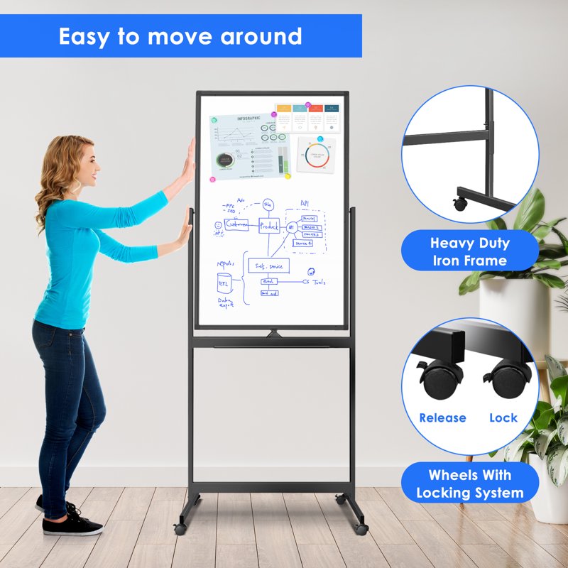 Magnetic Double-Sided Mobile Whiteboard 40x24 Inches with Lockable Wheels