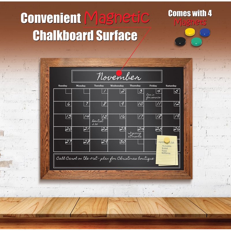 Magnetic Wall Chalkboard Calendar with Rustic Wood Frame - 24x30 in