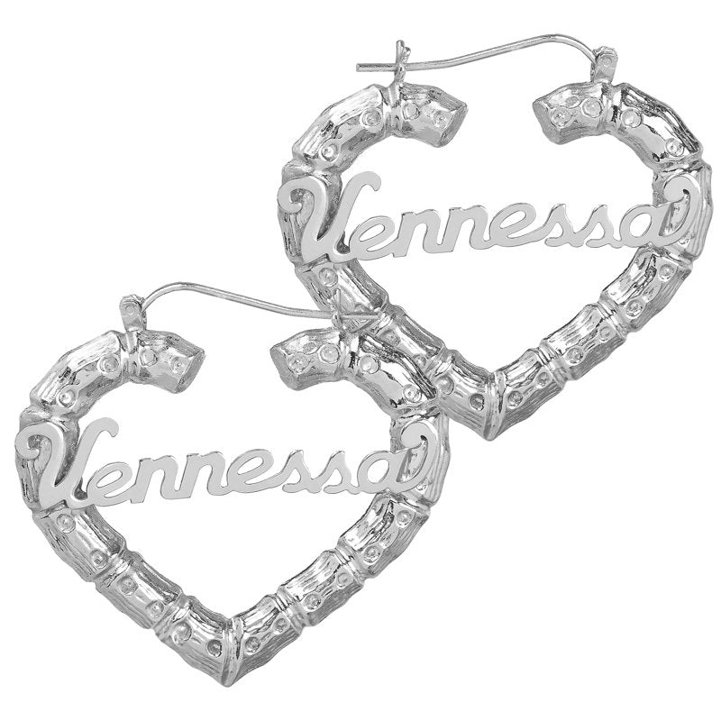 Personalized Sterling Silver Heart Hoop Earrings with Bamboo Style Design