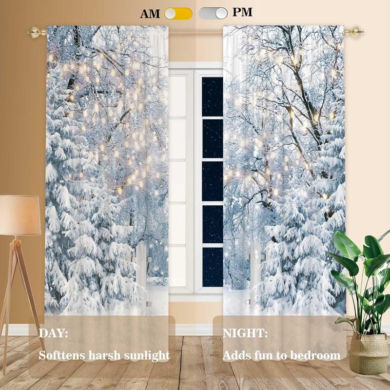 Winter Scene Window Curtain Pair - Blue Wonderland Snowflake Forest for Christmas & Home Decor