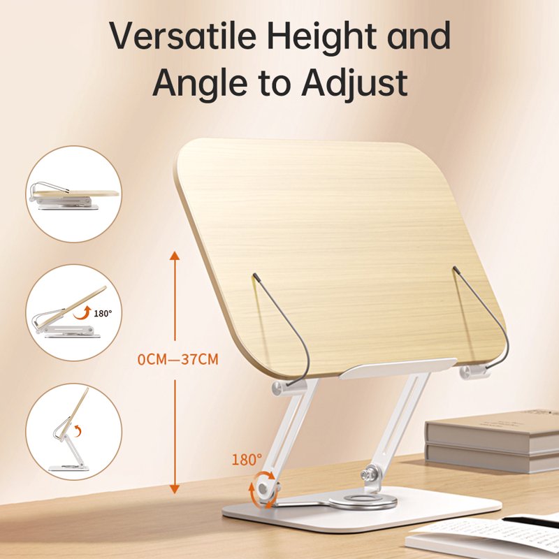 Adjustable Book Stand with 360° Rotating Base – Laptop & Recipe Holder, Foldable Desk Riser