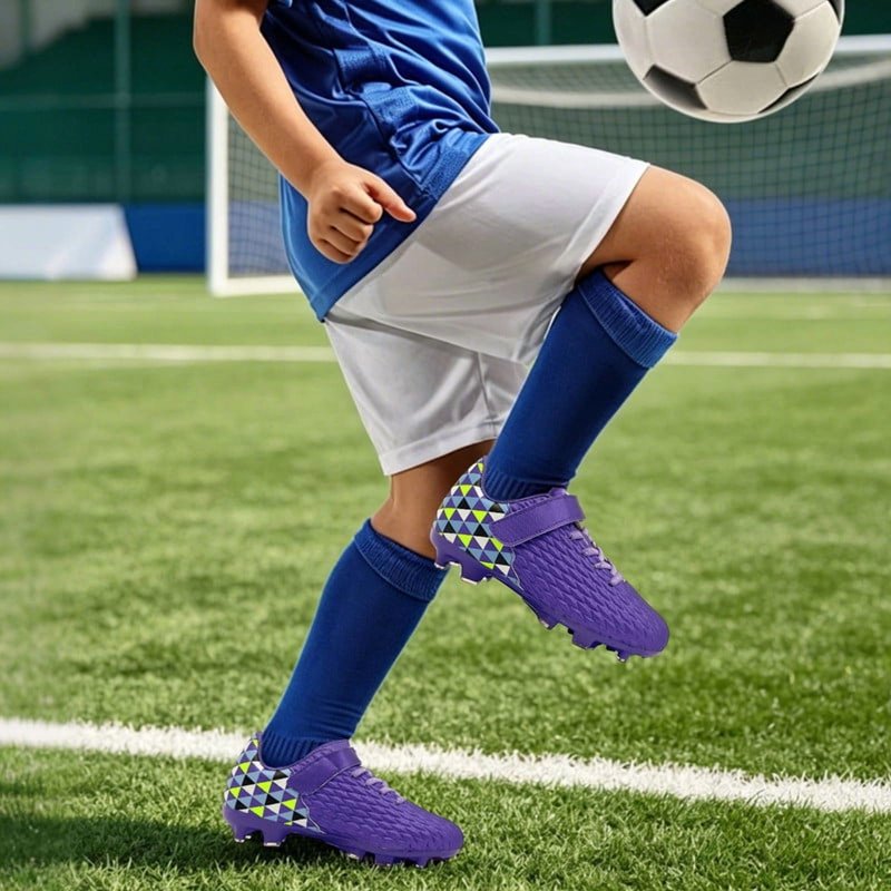 Kids Soccer Cleats - Purple Big Kid Training Football Shoes with Hook & Loop Strap