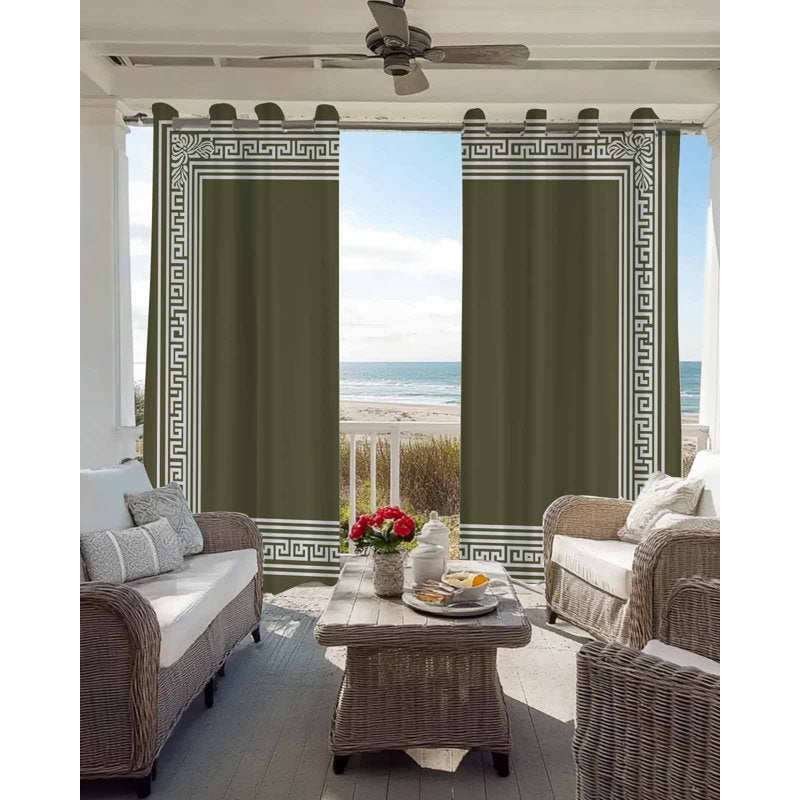 Olive Green Greek Key Blackout Curtains - Geometric Room Darkening Drapes