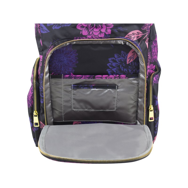 Essential Travel Backpack with Trolley Sleeve and Multiple Pockets - Floral & Black