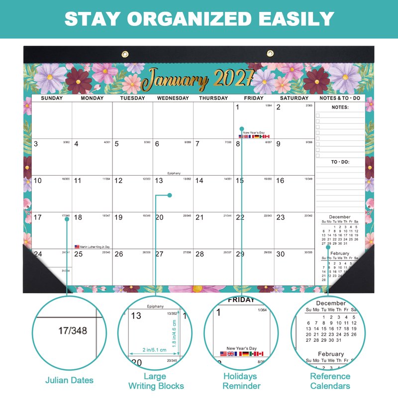 Large 2027-2028 Desk Calendar 17x12 Inches with To-Do Notes & Cover