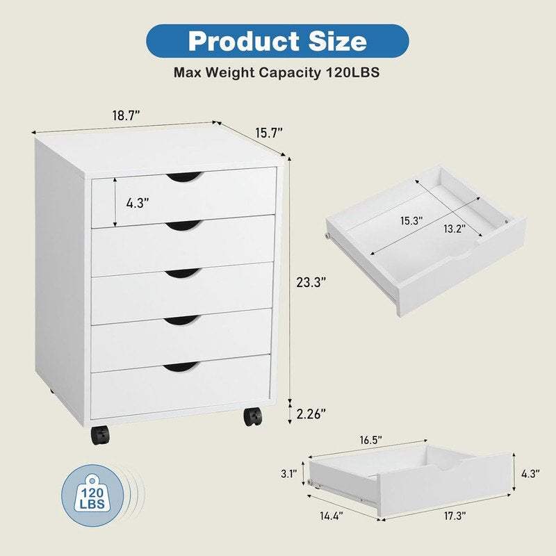 Wooden Rolling File Cabinet with 5 Drawers - Mobile Storage for Home Office