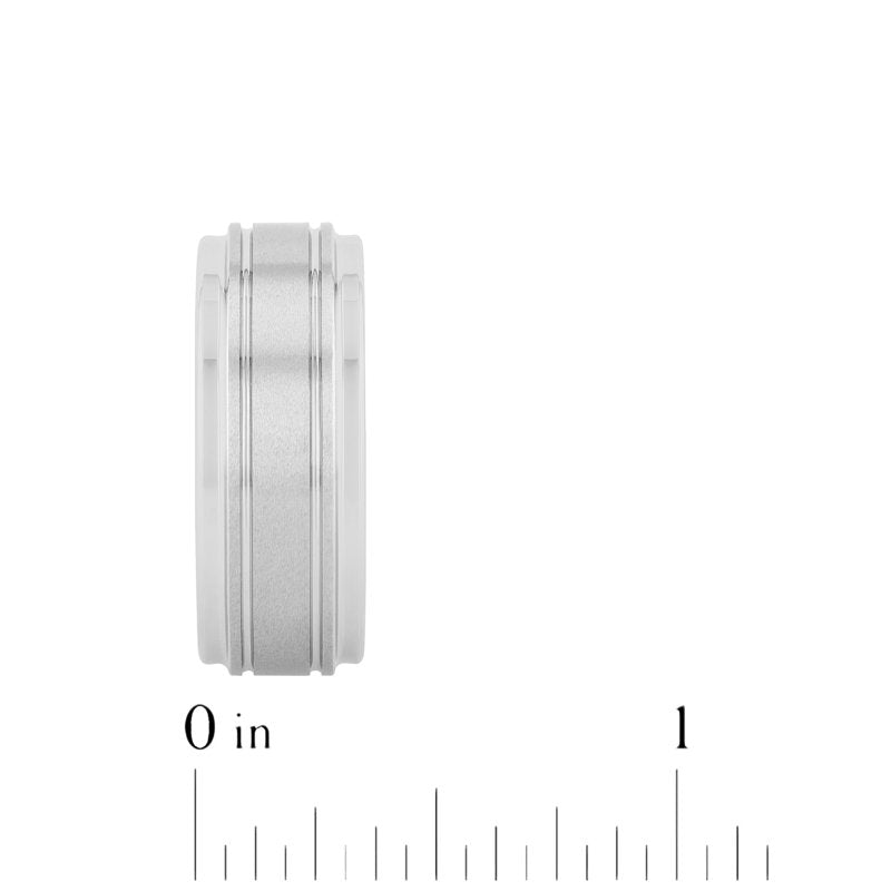 Men's Tungsten Wedding Band 9mm Grooved Step Edge Satin Finish