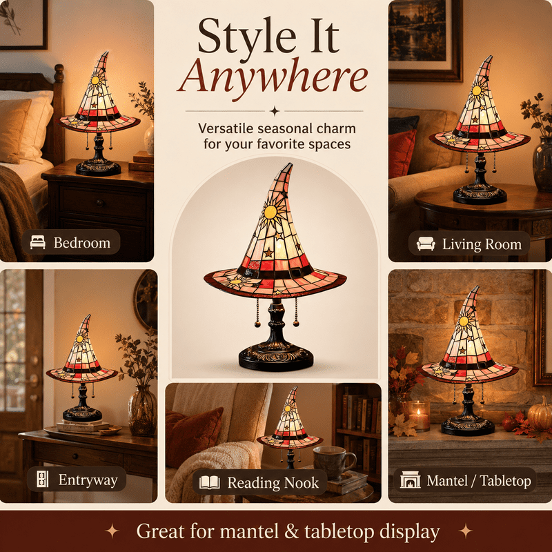 Halloween Witch Hat Stained Glass Lamp with Sun Pattern - Spooky Night Decor 8 Inch