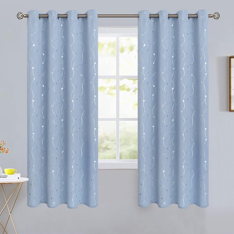 Room Darkening Insulated Blackout Curtains with Silver Dot Print - Light Blue, 2 Panels, 72 Inch Length