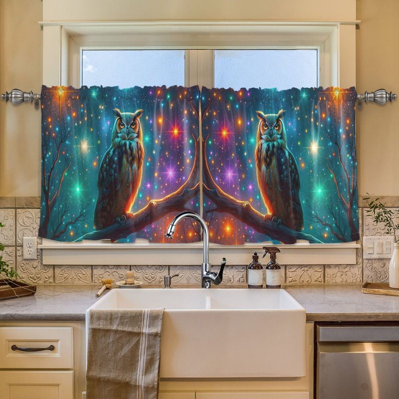 Light Filtering Tier Curtains Set with Owl and Star Design, 2 Panels