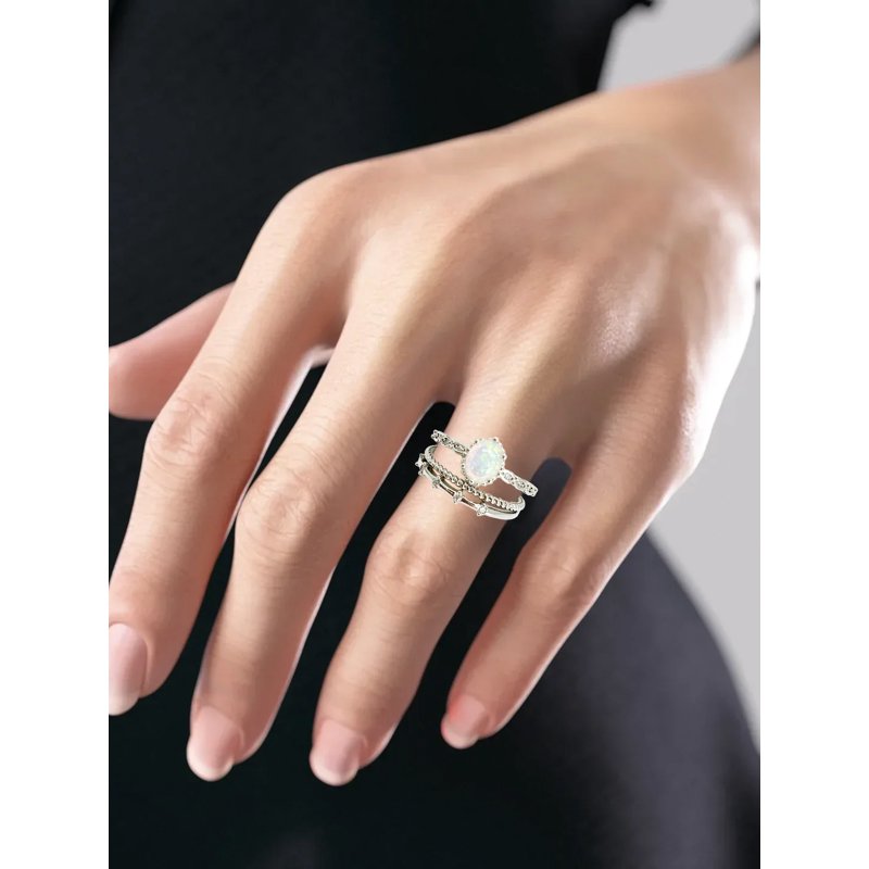 Women's Silver Opal Ring with Cubic Zirconia - Size 9