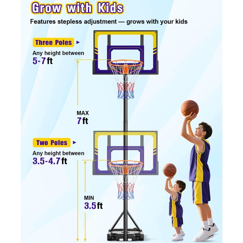 Kids Adjustable Outdoor Basketball Hoop - Portable 3.5-7ft Stepless Height, Shatterproof Backboard