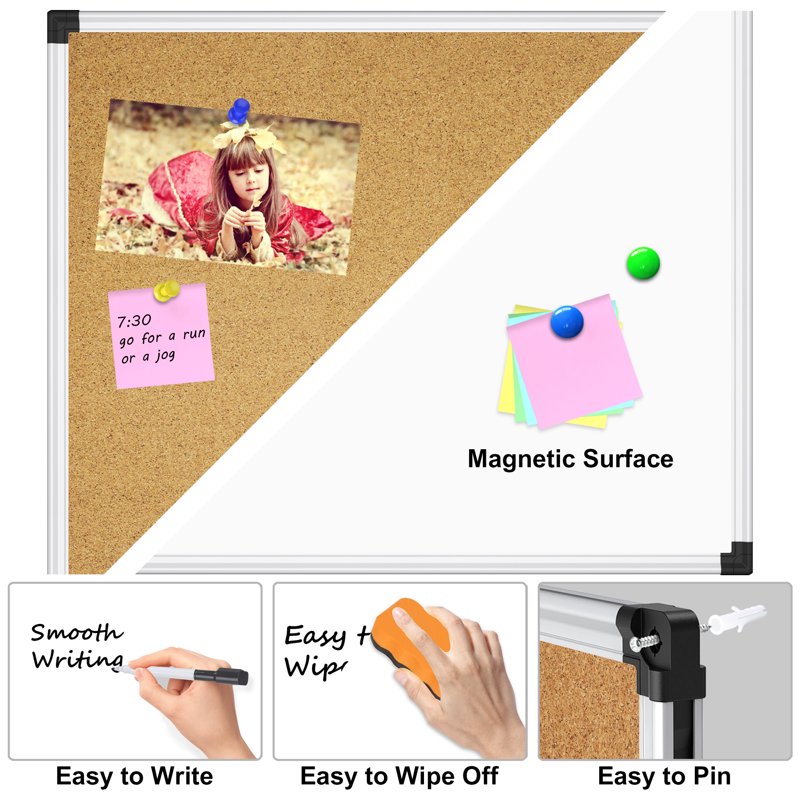 Magnetic Cork and Dry Erase Wall Board Combo - Bulletin and Whiteboard
