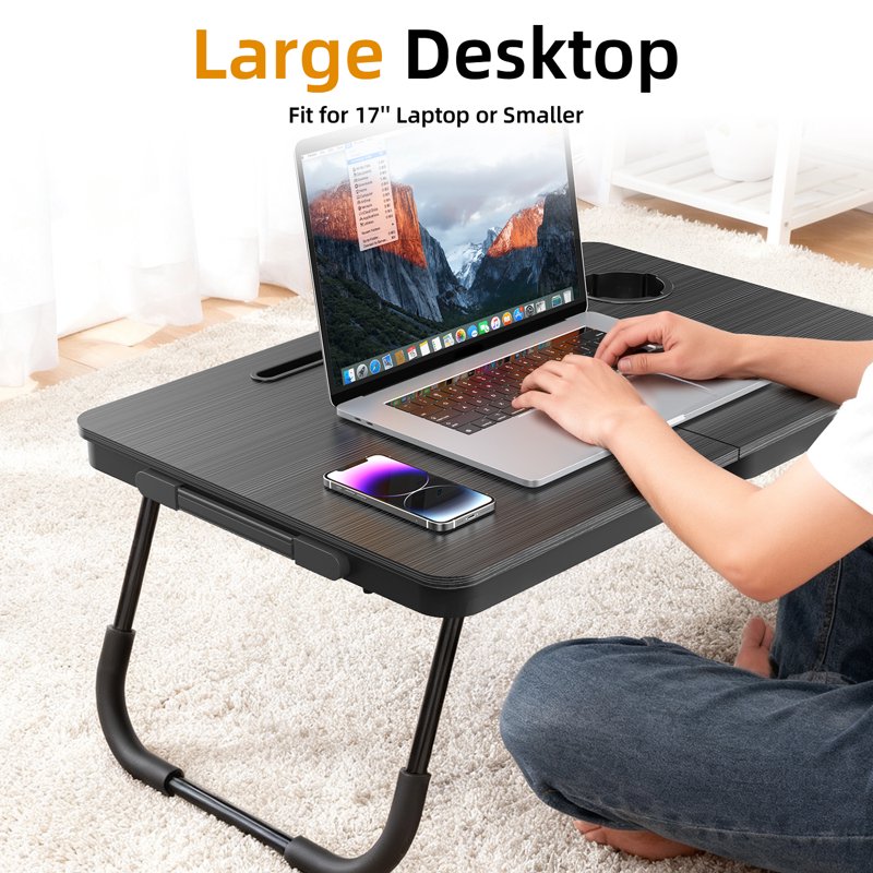 Portable Foldable Lap Desk for Bed and Couch with Cup & Phone Holder - Black (Variation: Black)