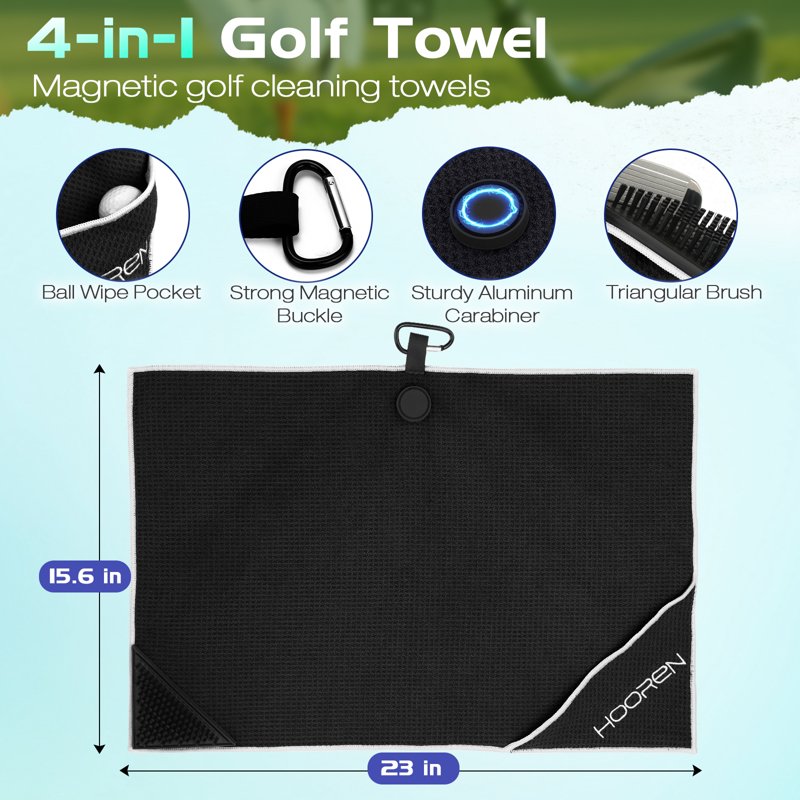 4-in-1 Magnetic Golf Towel with Brush & Cleaning Pocket - Microfiber Waffle Design