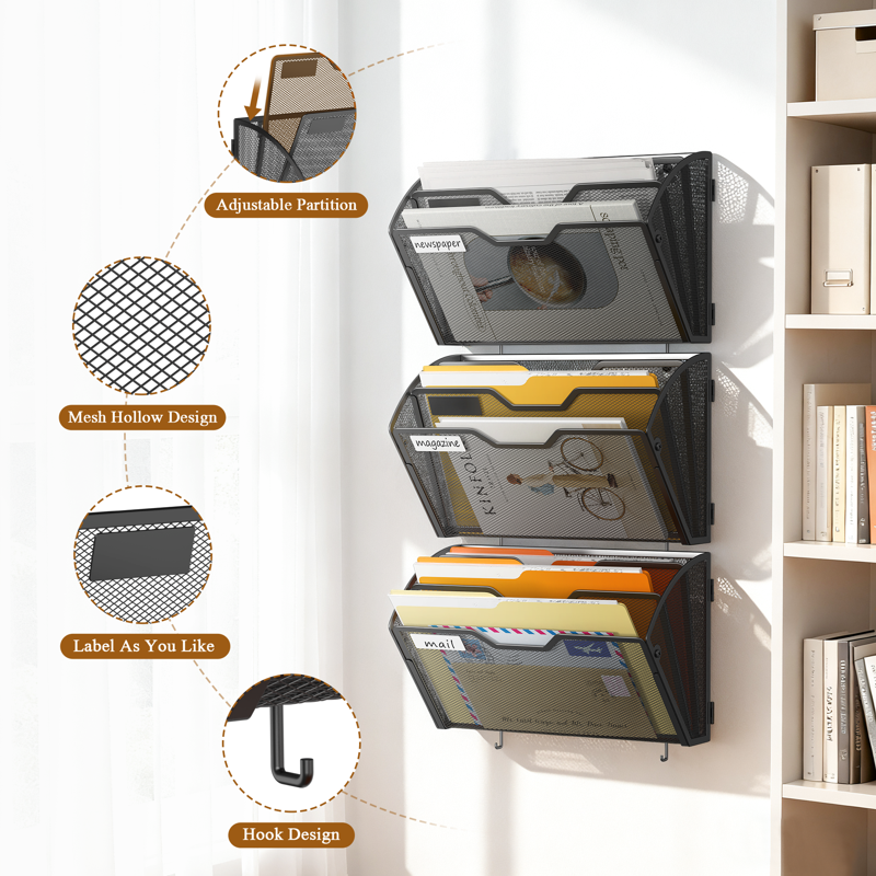 Wall File Organizer with Hooks - Large Capacity Mesh Paper Holder for Office and Home
