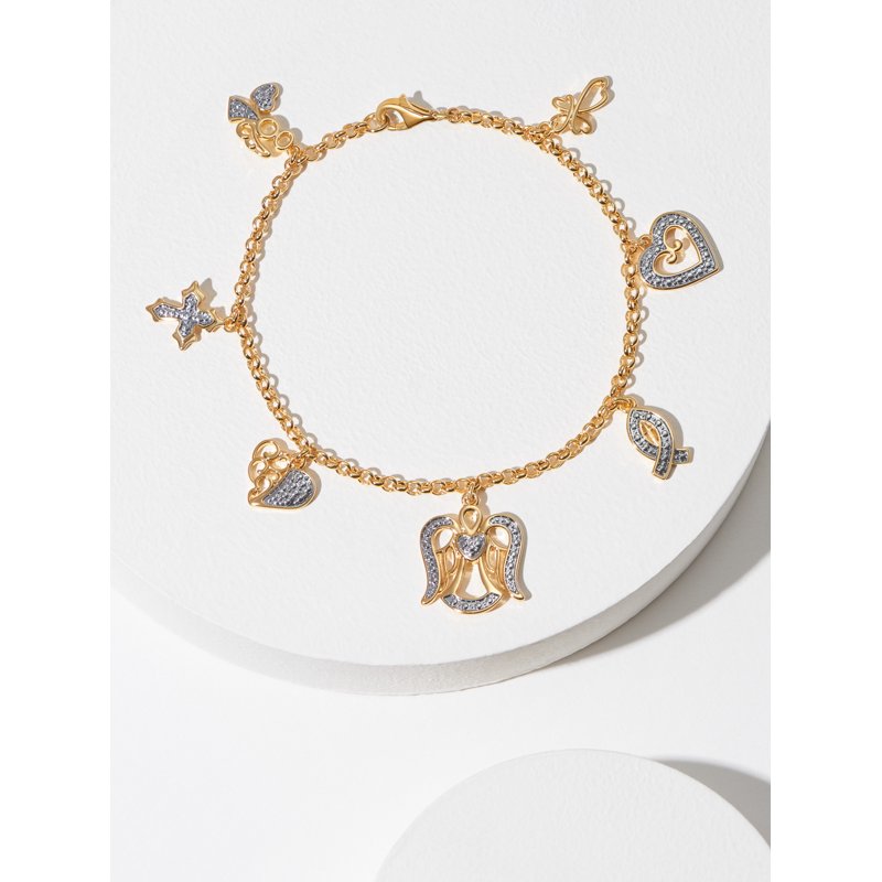Diamond Charm Bracelet Set in 14K Gold Plated Brass, 7.25 Inch Women’s Jewelry