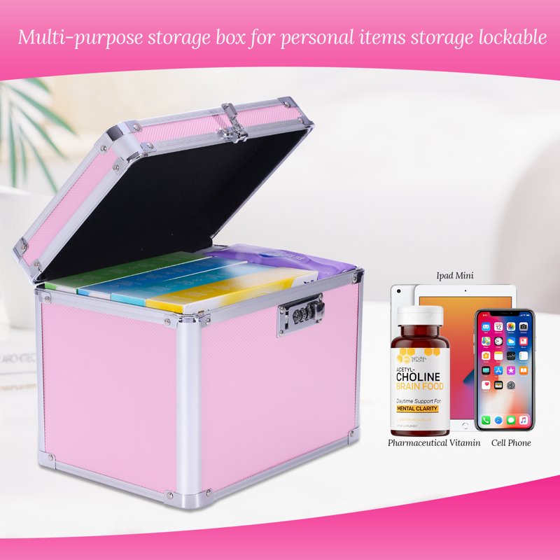 Secure Lock Box with Code Combination for Jewelry, Medicine, and Valuables - Pink, Compact 7.25"x7.75"x10"