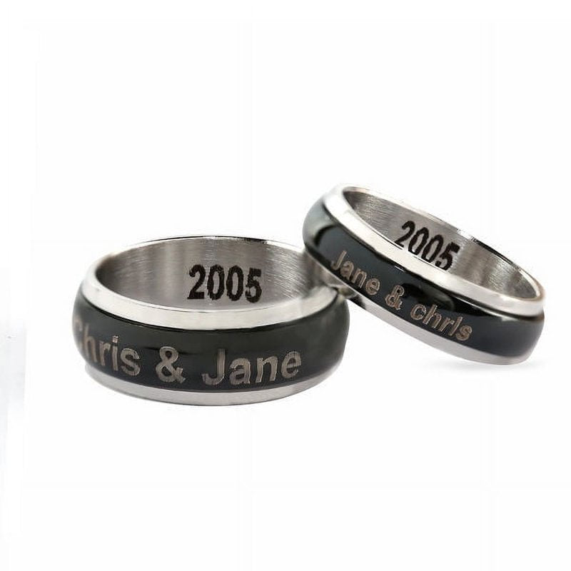 Personalized Stainless Steel Couples Spinner Ring with Black Enamel - Custom Engraved Promise Jewelry