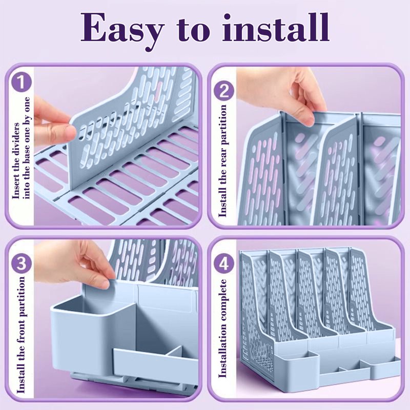 Multi-Compartment Desk File Organizer with Detachable Pen Holders - Plastic Storage Rack for Office and Home