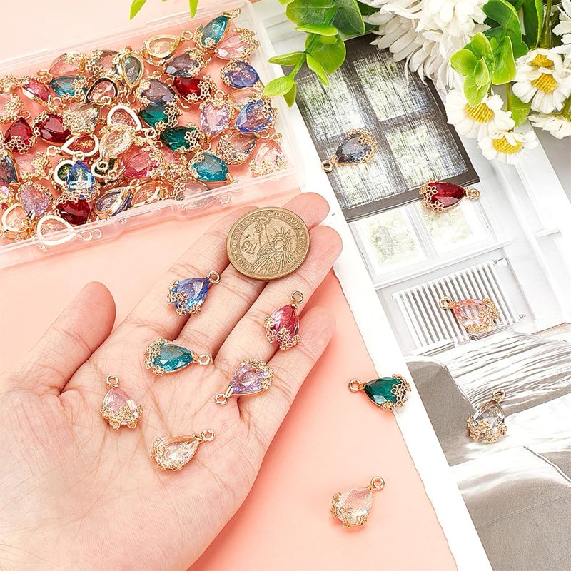 60pcs Teardrop Charms for Jewelry Making - 12 Colors Faceted Glass Pendants 20x12.5mm