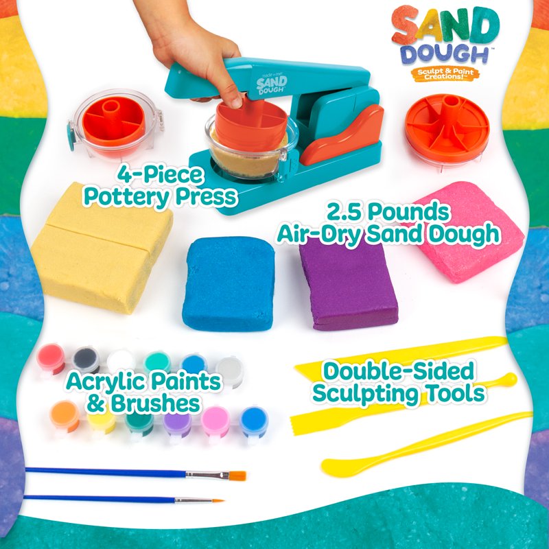 Kids Sand Dough Pottery Press Kit with Paint & Tools for Ages 6+