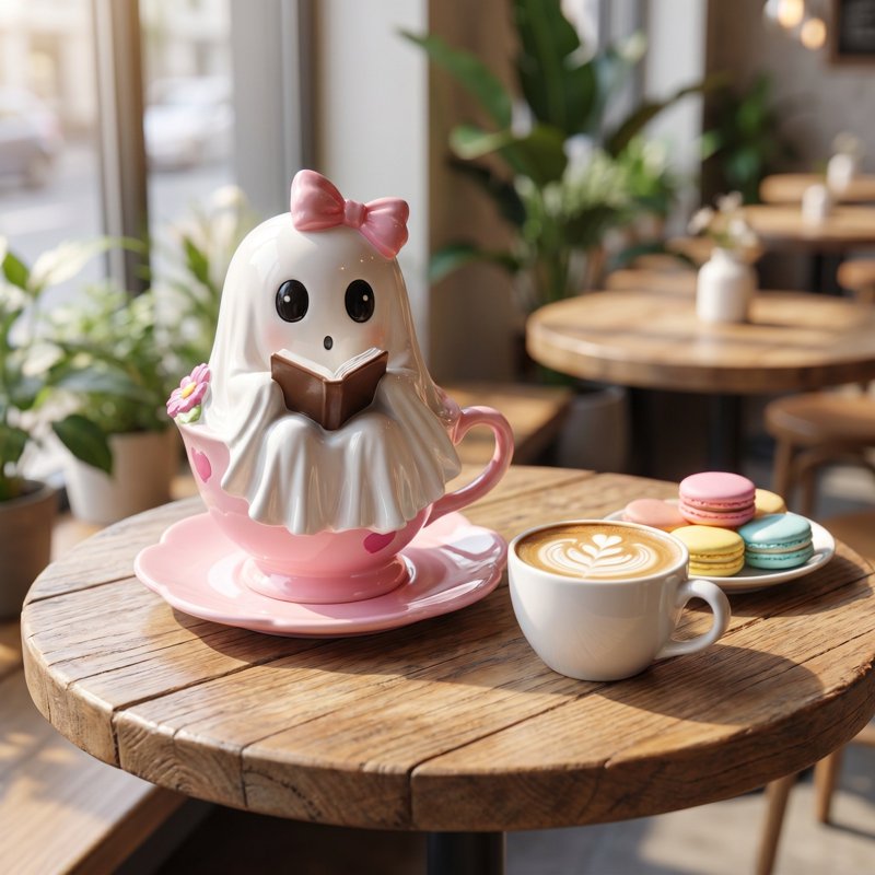 Halloween Ghost Figurine with Heart Floral Teacup - Halloween Table Decor, Small Resin Ornament