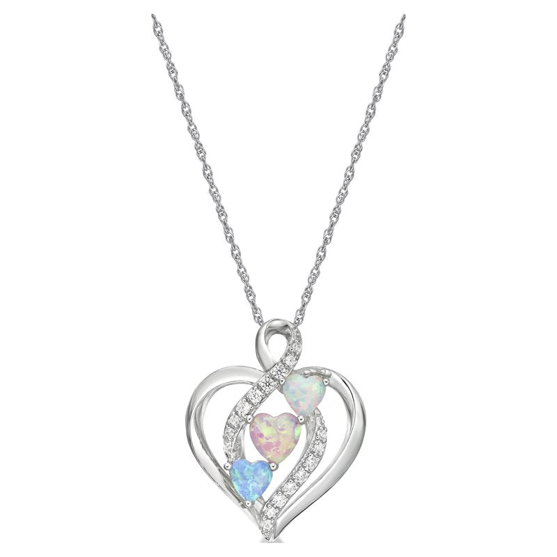 Sterling Silver Opal Heart Pendant Necklace with Simulated Diamonds - 18 Inch Chain