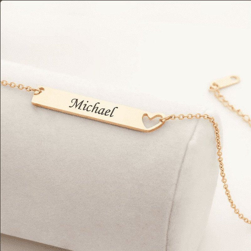 Personalized Name Necklace - Engraved Heart Bar Jewelry in Silver, Gold & Rose Gold