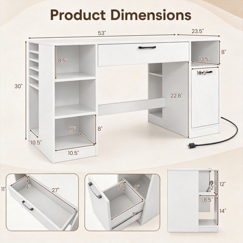 53-Inch Sewing Table with Power Outlets, Storage Drawers & Removable Shelves - White