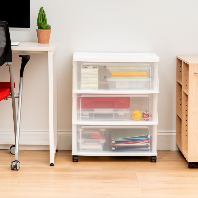 Wide Storage Drawer Cart with Casters - Portable Plastic Organizer, White & Clear