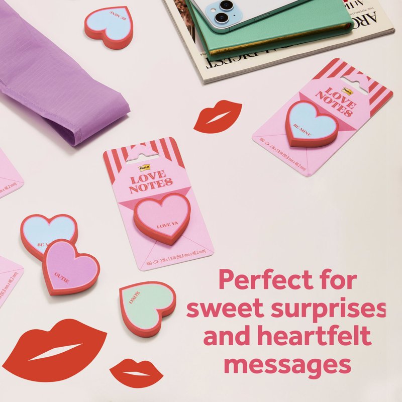 Post-it Heart Stamp and Pink Envelope Love Notes Set - Valentines Day Gift