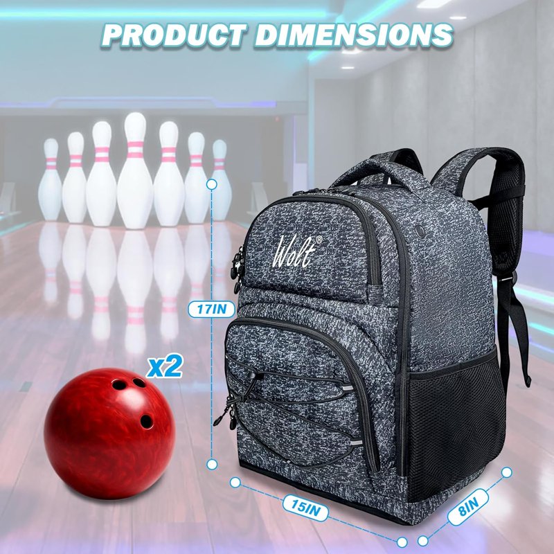 WOLT 2-Ball Bowling Backpack with Protective Foam & Shoe Compartment - HealthyGrey
