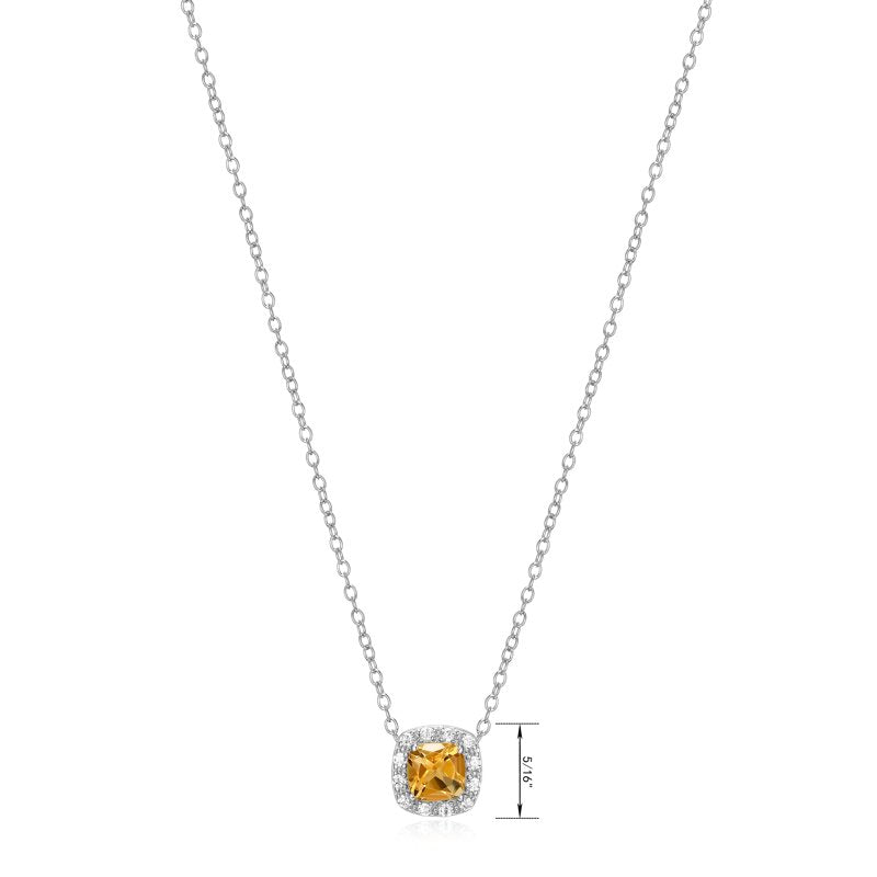 Sterling Silver Citrine Necklace with Cubic Zirconia Halo for Women