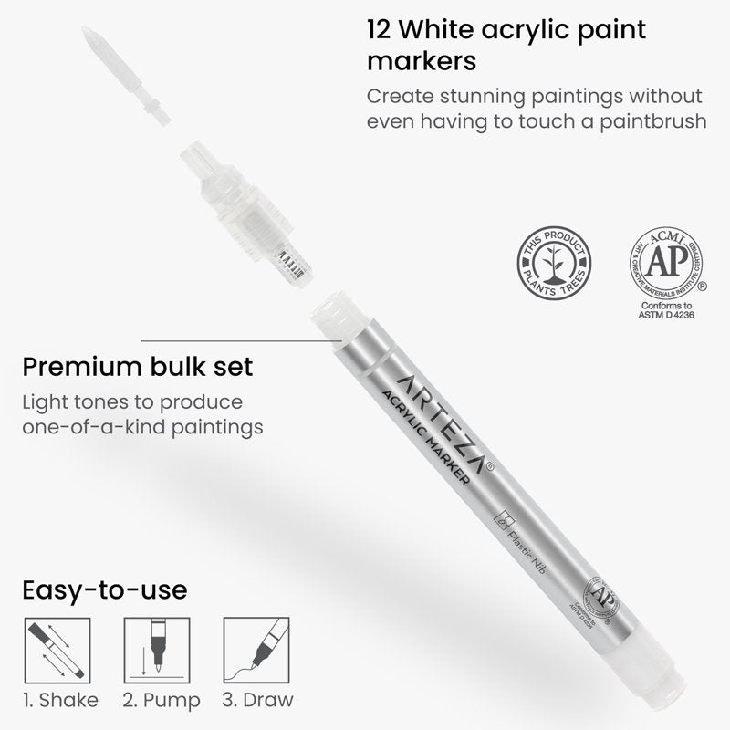 Arteza White Acrylic Paint Markers, Fine Nib — 12 Count, Variation of THIS listing