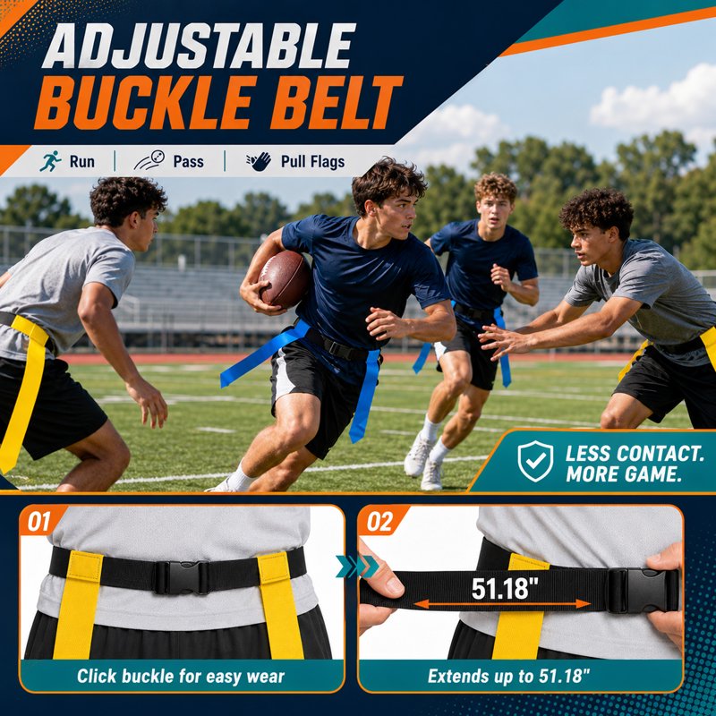 Flag Football Belts Set with Flags Cones Whistles & Carry Bag - Adjustable for Team Training