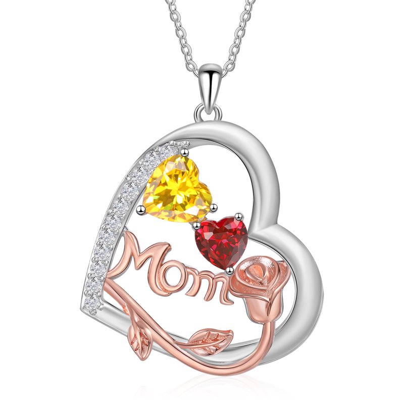 Personalized Heart Family Necklace with Birthstones for Women - Mother's Day Gift