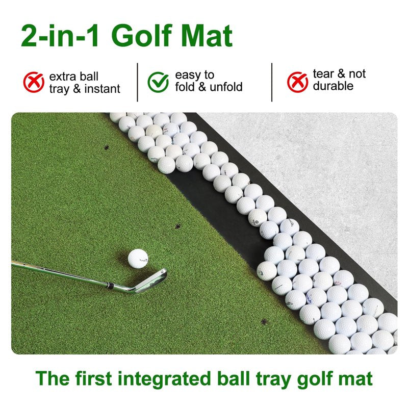 OKESAM 6x4 Ft Golf Hitting Mat with Built-In Ball Tray, Dual-Turf, Thick EVA Base, Foldable - Includes 3 Tees