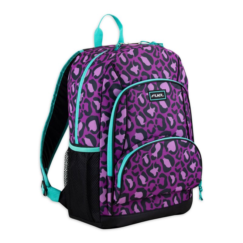 Unisex Triple Pocket Backpack with Leopard Print - Casual School & Travel Bag