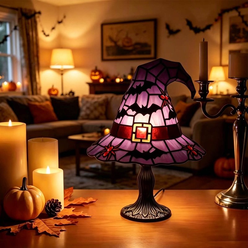 Halloween Witch Hat Stained Glass Lamp, Pumpkin Lantern Accent Light - Multiple Colors