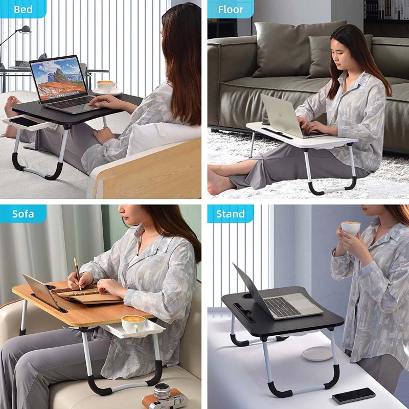 PHANCIR Foldable Laptop Bed Desk 23.6in with iPad Slots, Cup Holder & Drawer - Black, Variation 2