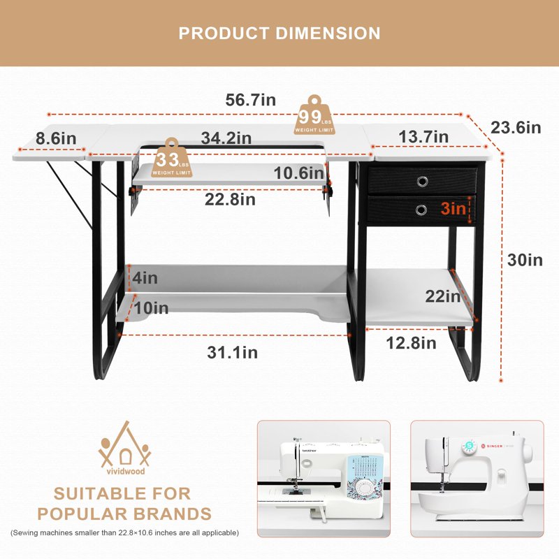 Foldable Sewing Machine Table with Storage Shelf and Adjustable Platform