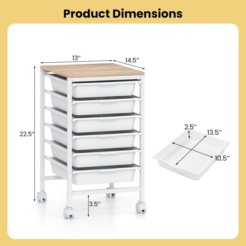 6-Drawer Rolling Storage Cart with Wooden Top and Lockable Wheels for Office or Home Organization